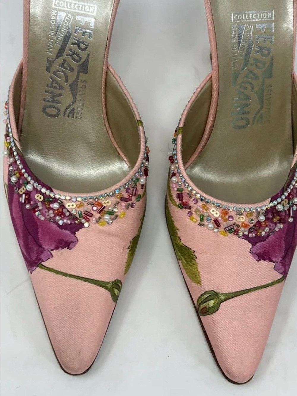 Vintage Salvatore Ferragamo Pink Floral Beaded Slip-On Mules - Picture 5 of 13